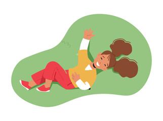 Little Girl Character Lying On Green Meadow, Surrounded By Nature, Enjoying Relax Top View, Feeling The Grass Beneath