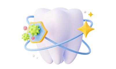 3D Dental Care. Concept of protection of teeth against caries and oral health. A barrier with tooth and microbe. In cartoon style