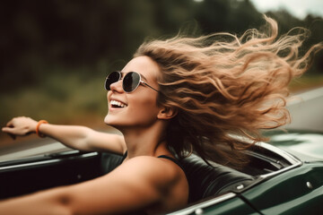 Woman enjoying life and freedom in a convertible car.  Composite with different elements made with generative AI