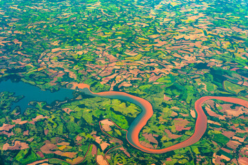 Aerial view of a river and farms in Brazil