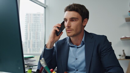 Dissatisfied manager making call complaining statistic mistake at workplace.