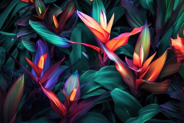 Tropical leaves and. colorful flower on dark tropical foliage nature background, dark green foliage, generative ai beautiful art