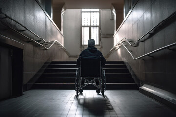An elderly man in a wheelchair alone in front of a staircase.  Composite with different elements made with generative AI - obrazy, fototapety, plakaty