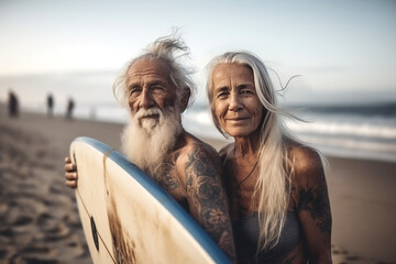 A senior couple on the beach with a surfboard.  Composite with different elements made with generative AI
