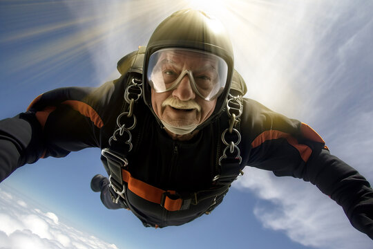 Senior man in a skydive jump.  Composite with different elements made with generative AI