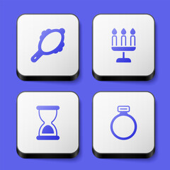 Set Magic hand mirror, Candlestick, Old hourglass and stone ring icon. White square button. Vector