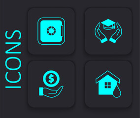 Set House flood, Safe, Education grant and Money with shield icon. Black square button. Vector