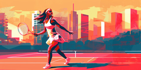 Colorful and Powerful: Creative Illustration of a Female Tennis Player. Generative AI