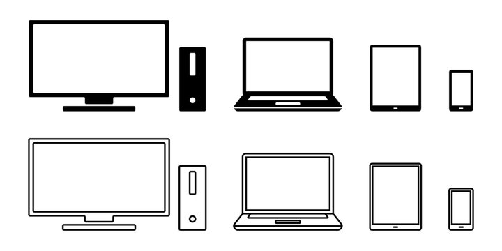 白黒のノートパソコン、タブレット、スマートフォンのベクターアイコンイラスト素材セット