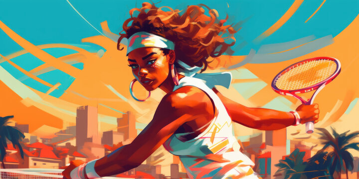 Colorful and Powerful: Creative Illustration of a Female Tennis Player. Generative AI
