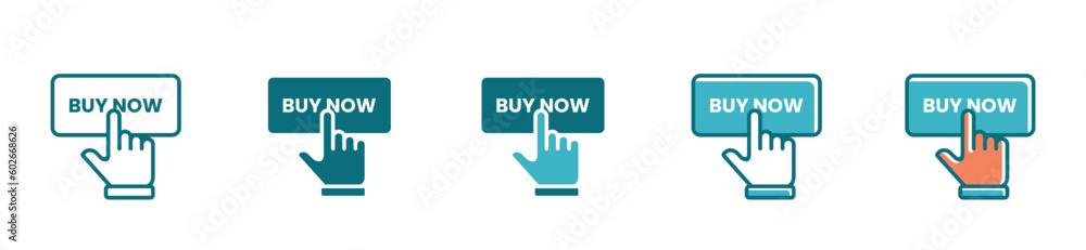 Poster Buy now icon set with hand pointer clicking the button vector purchase or order product design 