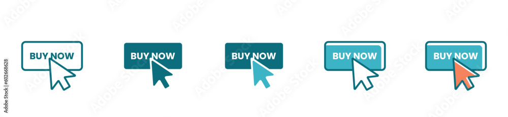 Poster simple buy now icon set with pointer clicking the button vector flat modern design