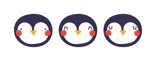 Cute funny penguin faces illustrations set. Hand drawn cartoon character. Scandinavian style flat design, isolated vector. Kids print element, poster, card, wildlife, nature, baby animals