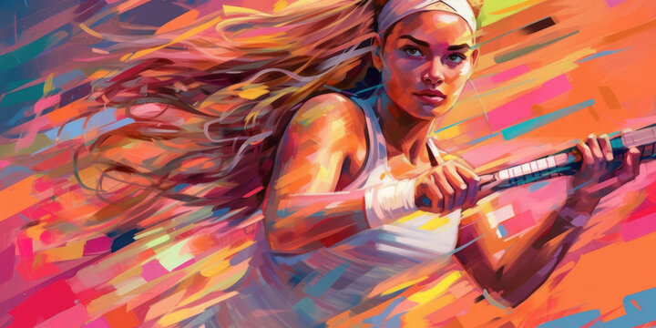 Creative and Dynamic Illustration of a Female Tennis Player. Generative AI