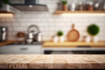Wood table top on blur kitchen counter (room)background. Realistic
