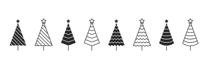 Christmas tree vector icons set. Various pine tree symbol. Simple linear xmas trees logo. Vector illustration