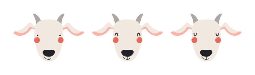 Fototapeta premium Cute funny goat faces illustrations set. Hand drawn cartoon character. Scandinavian style flat design, isolated vector. Kids print element, poster, card, wildlife, nature, baby animals