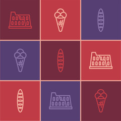 Set line Coliseum, French baguette bread and Ice cream in waffle icon. Vector