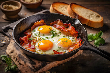 Bacon and eggs in a pan. Composition with tasty fried eggs and bacon on wooden table.