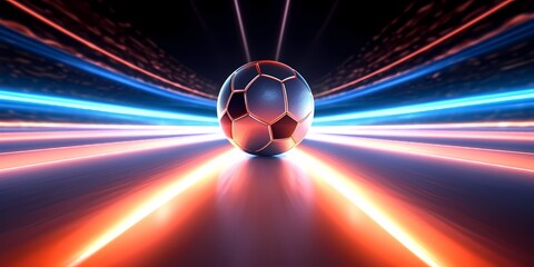 Futsal ball poster concept in the center of a futuristic indoor soccer field or stadium with glowing neon tubes lines background. 3D style. Generative Ai.