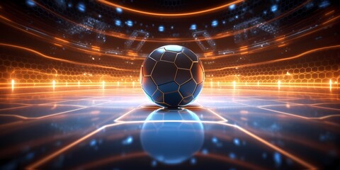 Futsal ball poster concept in the center of a futuristic indoor soccer field or stadium with glowing neon tubes lines background. 3D style. Generative Ai.