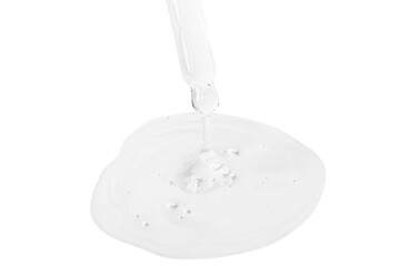 A flowing transparent gel from an eyedropper.  Large droplet with bubbles of gel. No background. PNG