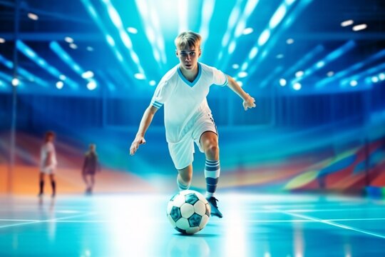 Football futsal player, ball, futsal floor. Sports background. Indoor soccer sports hall. Youth futsal league. Indoor football players and soccer ball. Generative ai.