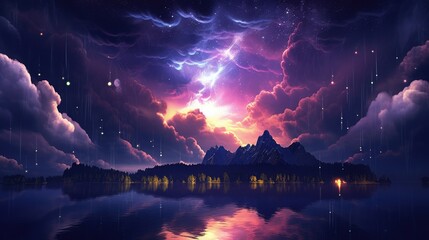 Illustration of alien Planet Fantasy rocky Environment with a night sky landscape colorful digital  concept art