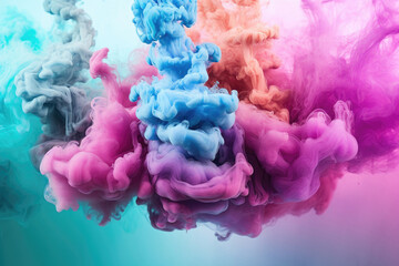 Fototapeta premium Rainbow Smoke a multicolored Vapor Trail: A colorful plume of smoke in the air, with hues of light magenta and dark cyan, artistically captured, creating a visually striking effect. Generative AI