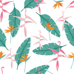 Pink Bird paradise flower pattern. Bird paradise flower seamless pattern.Design for printing, fabric ,cover book, fabric flower, leaves fashion.Spring flower Season.Colourful season,Summer season