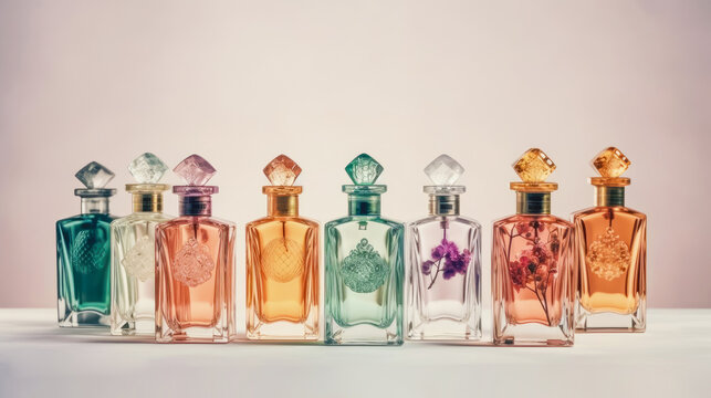 Perfume bottles with flowers on the table. 3d illustration
Beautiful perfume bottles. Selective focus.
Perfume bottles with flowers on a light background. 3d rendering. Generated AI