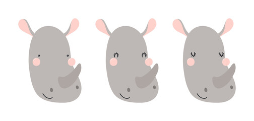 Cute funny rhino faces illustrations set. Hand drawn cartoon character. Scandinavian style flat design, isolated vector. Kids print element, poster, card, wildlife, nature, baby animals © Maria Skrigan