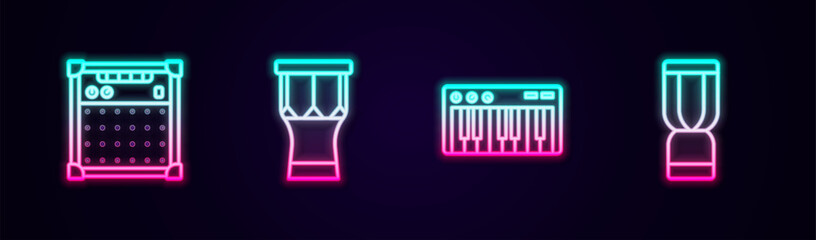 Set line Guitar amplifier, African percussion drum, Music synthesizer and djembe. Glowing neon icon. Vector