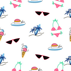 Tropical beach vibe.Vector about Summer pattern.Pattern summer with ice-cream,Cherry,Ball coconut tree,Design for fabric print,Cover book,Kids