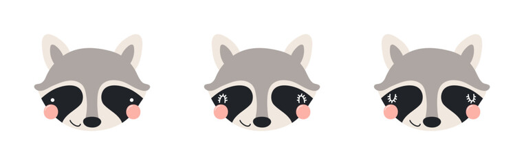 Cute funny raccoon faces illustrations set. Hand drawn cartoon character. Scandinavian style flat design, isolated vector. Kids print element, poster, card, wildlife, nature, baby animals