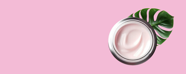 Jars of organic moisturizing cream with the leaves of the tropical monstera plant on a pink background. Natural organic products. Banner, copy space.