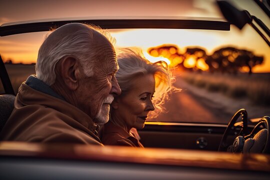 A retired couple drives a convertible car into the sunset on their vacation. Ai generated.
