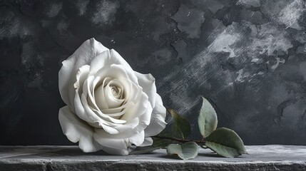 Single white rose lies on floor in front of dark grey concrete wall. Condolence card. Copy space for emotional, sentimental text or quote. Generative AI
