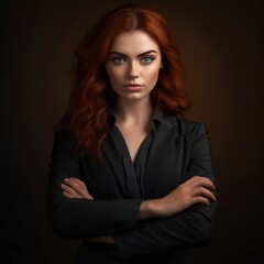 Profile portrait of a young CEO, with a stern look and black background. Ai generated.