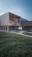 Fototapeta na wymiar Architecture 3d rendering illustration of minimal modern house with natural landscape 