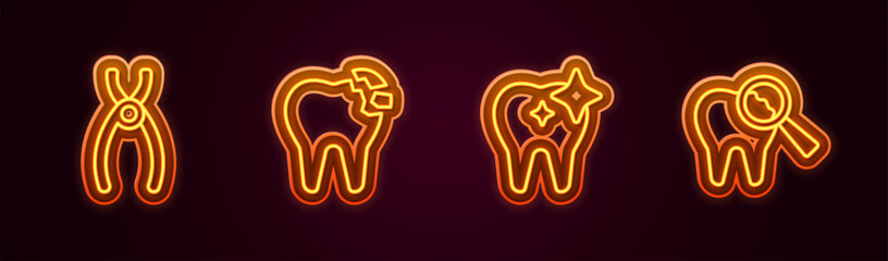 Set line Dental pliers, Broken tooth, Tooth whitening and . Glowing neon icon. Vector