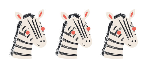 Cute funny zebra faces illustrations set. Hand drawn cartoon character. Scandinavian style flat design, isolated vector. Kids print element, poster, card, wildlife, nature, baby animals © Maria Skrigan