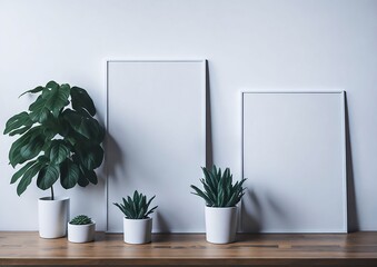 Minimalistic room interior with mock up photo frame on the brown wooden table with beautiful plant in design hipster white pot. Grey walls. Stylish and floral concept of mock up poster Generative AI