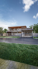 Architecture 3d rendering illustration of minimal modern house with natural landscape 
