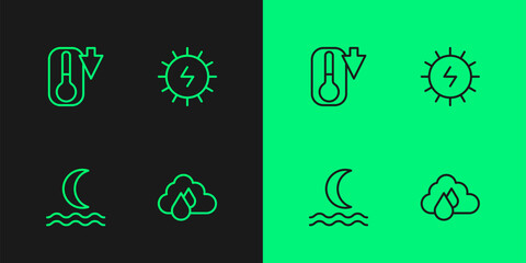 Set line Cloud with rain, Night fog or smoke, Thermometer and Solar energy panel icon. Vector