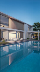 Architecture 3d rendering illustration of minimal modern house with natural landscape 