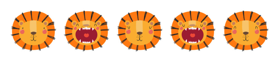 Cute funny lion faces illustrations set. Hand drawn cartoon character. Scandinavian style flat design, isolated vector. Kids print element, poster, card, wildlife, nature, baby animals