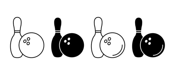 Bowling vector icon set. Black bowling ball and skittles symbol. Bowling line isolated logo - obrazy, fototapety, plakaty