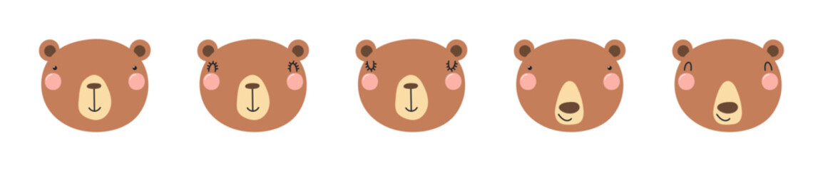 Cute funny bear faces illustrations set. Hand drawn cartoon character. Scandinavian style flat design, isolated vector. Kids print element, poster, card, wildlife, nature, baby animals