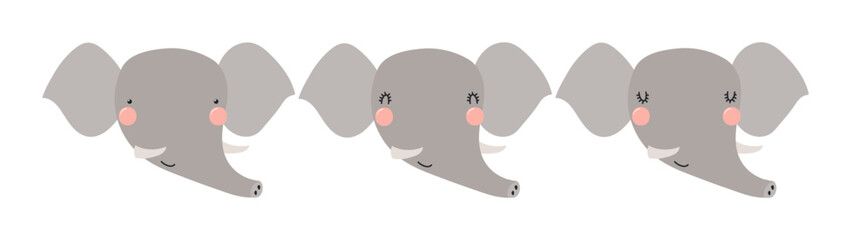 Cute funny elephant faces illustrations set. Hand drawn cartoon character. Scandinavian style flat design, isolated vector. Kids print element, poster, card, wildlife, nature, baby animals